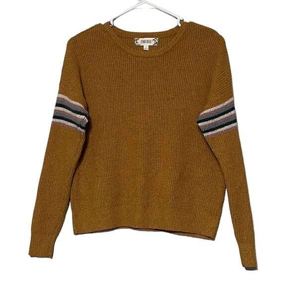 Pink Rose Sweater Junior's Small Mustard Yellow Knit Striped Accent Pullover - Picture 1 of 8